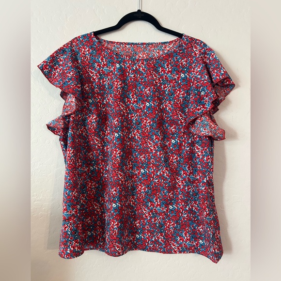 Tops - 2X Red Floral Ruffle‎ Sleeve Blouse – Teal Accents